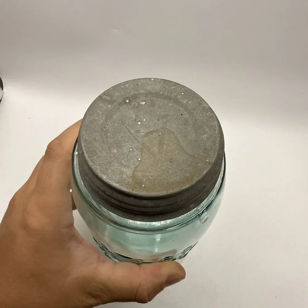 Vintage Atlas Mason’s Patent Nov 30 1858 Aqua Glass Canning Jar w Zinc Lid